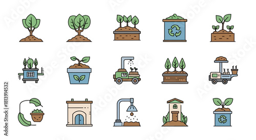 Collection of Icons Representing Gardening and Plant Growth.