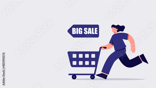 Running Shopper Pushing Cart During Big Sale in Modern Flat Design