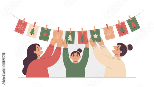 Joyful Holiday Prep: Three figures collaborate to decorate with festive cards and symbols of joy. Capture the spirit of the Christmas holiday.