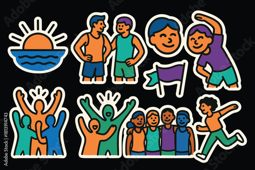 Vibrant athletic gathering: dynamic sports icons and team celebration design for posters and cards