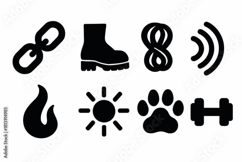 Collection of bold icon silhouettes for design use: chains, boots, knots, sound waves, flames, sun, paw prints, dumbbells