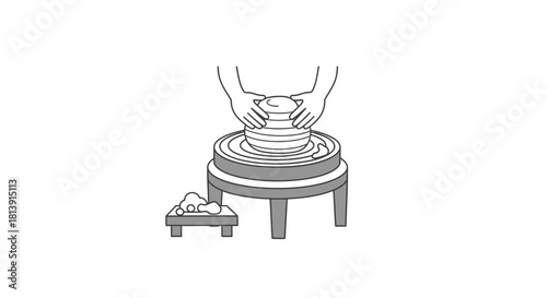 Minimalist line art of hands shaping clay on a potters wheel.
