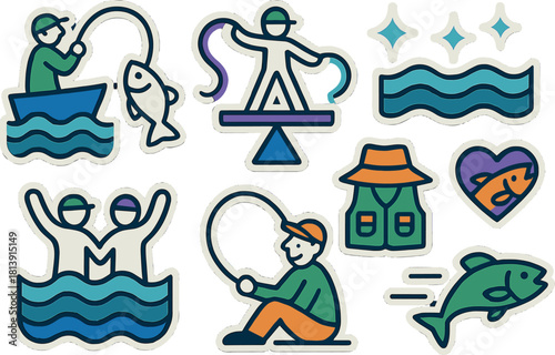 Fishing icons collection for design and decoration: fishermen, fish, waves, and gear