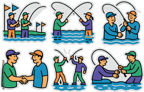 Sport fishing sticker set: recreational angling scenes with colorful illustrations for outdoor enthusiasts