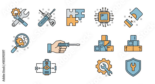 Set of colorful icons representing various tools and concepts related to repair, maintenance, and technology.