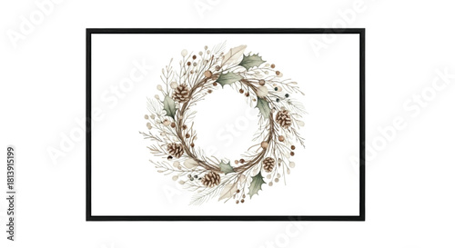 Neutral Christmas Wreath with Pinecones, Berries and Greenery in Black Frame Watercolor Illustration