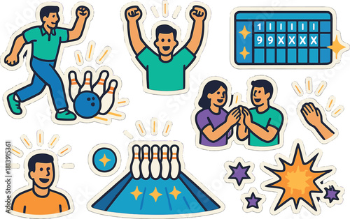 Exciting bowling victory celebration with happy players and scoreboard design for fun sports events