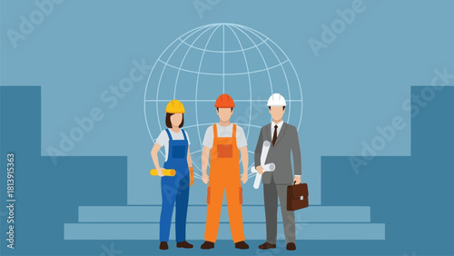 Professional Construction and Engineering Team with Architect and Workers Standing Against a Globe Background