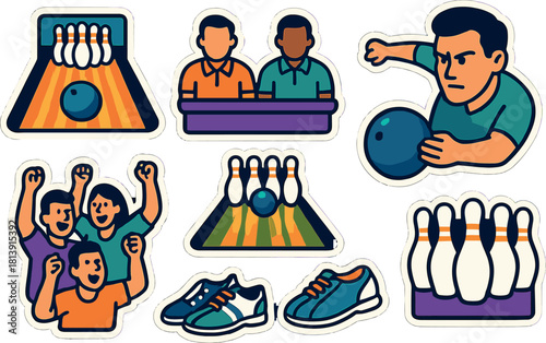 Bowling excitement icons set: enthusiastic players, pins, lane, and bowling shoes for design projects