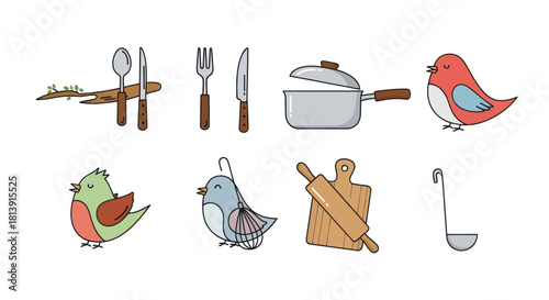 Cartoon kitchen utensils and birds isolated on white background flat design