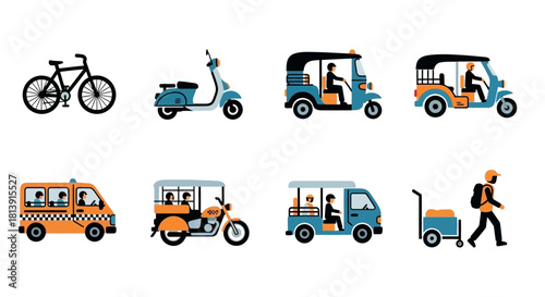 Various Transportation Vehicles and People in the Image.