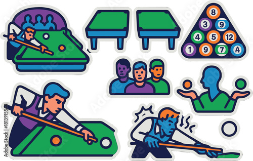 Colorful billiards icon set for game designs and recreational themes