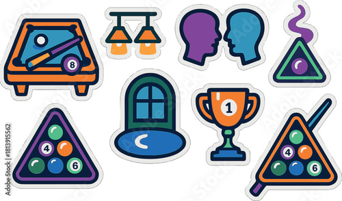 Billiard icon stickers collection for game room decoration or sports enthusiasts