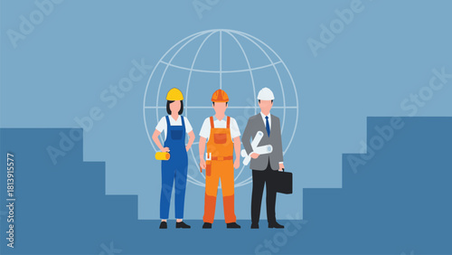 Construction Industry Professionals Team Standing Against Global Grid Background