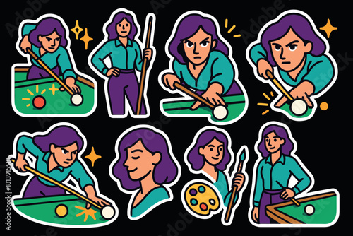 Illustrated billiards icons featuring woman playing pool - vector art for posters and cards