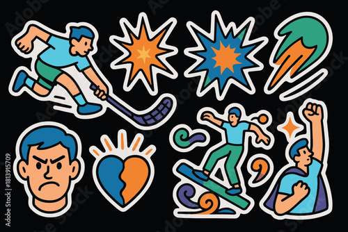 Dynamic floorball icons with energetic players and bold colors for sports design