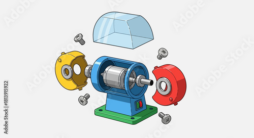 Detailed illustration of an electric bench grinder with its components.