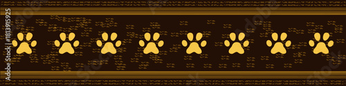 Decorative border with paw prints in gold on a dark brown background