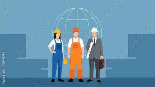 Diverse Construction Professionals Team (Engineer, Laborer, Tradesperson) Standing in front of Global Grid Background