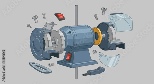 Exploded view diagram of an electric bench grinder with all its components.
