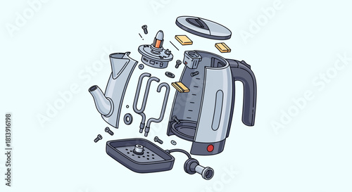 Exploded View of an Electric Kettle Illustration.