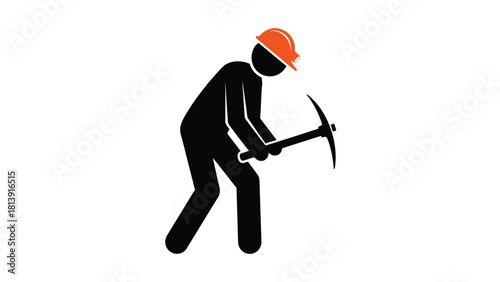 Mining Worker Stick Figure Icon with Pickaxe and Orange Hard Hat