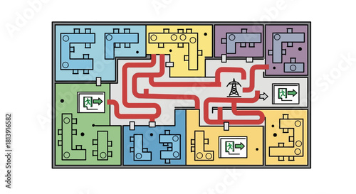Office Layout with Red Path - Workplace Navigation.