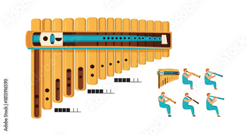 Pan flute instrument with musicians playing music.