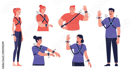 People wearing virtual reality haptic feedback suits and gloves for immersive gaming or training experiences.