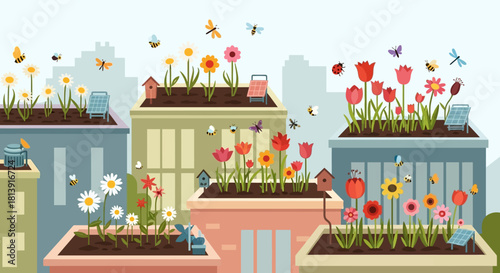 Rooftop Gardens - Urban Green Spaces with Flowers and Insects.
