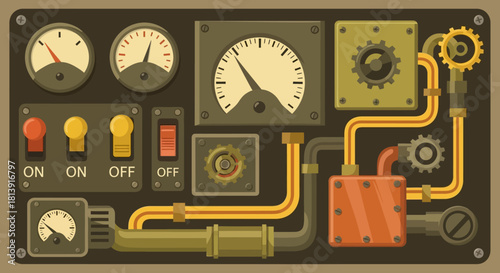 Steampunk Control Panel with Gauges Switches and Pipes.