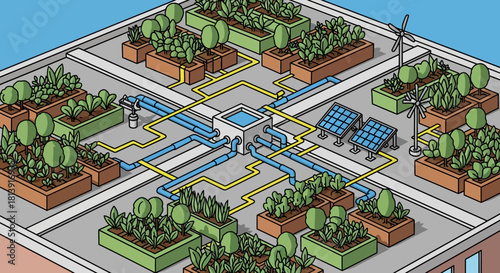 Sustainable Rooftop Garden with Solar Panels and Wind Turbine.