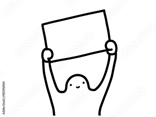 Minimal hand-drawn character holding a blank sign, cute doodle line art ideal for banners, social media posts, announcements, protest signs and editable message placeholders.