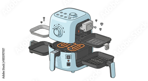 Air Fryer Disassembled Showing Internal Components and Parts.