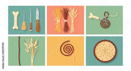 Ancient Tools and Artifacts Displayed on Colorful Backgrounds.
