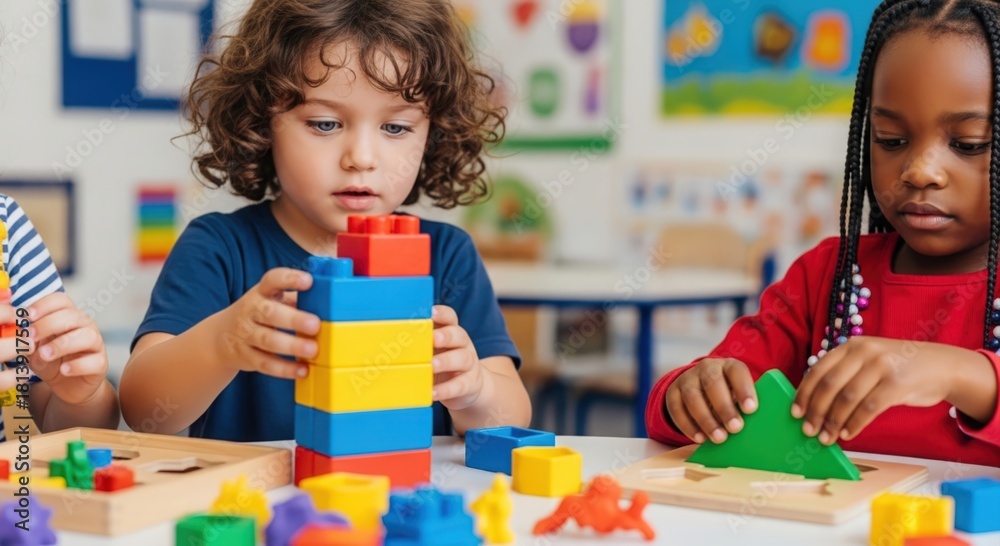 Naklejka premium Engaged Pre-K Children Learning Through Play – Colorful blocks and puzzles at school environment