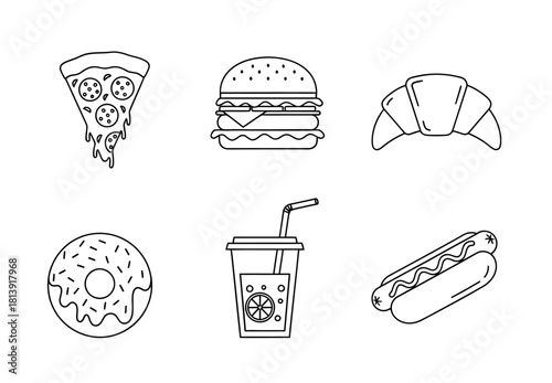 Black and White Line Art of Popular Fast Foods - Pizza, Burger, and More
