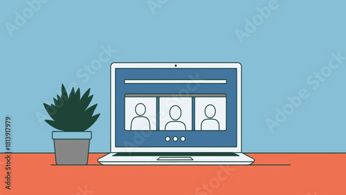 Video Conference Call Illustration on Laptop Screen. Remote work meeting interface showing online participants and desk setup with a potted plant.