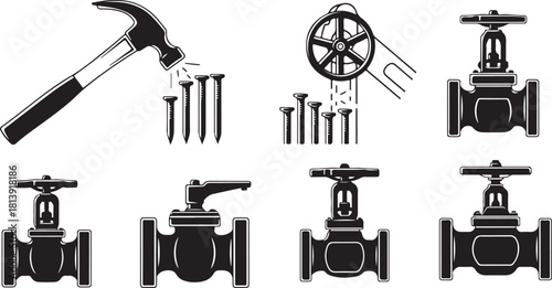 Collection of Industrial Tools and Plumbing Fixtures Icons