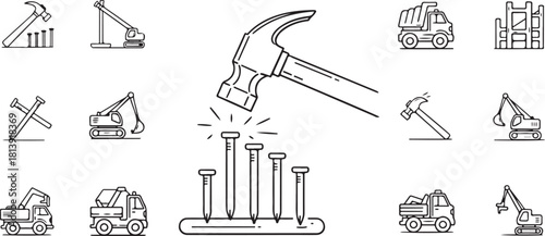 Construction Icons: Hammers, Nails, Excavators, Trucks, and Cranes