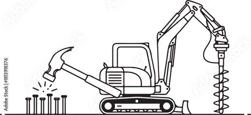 Construction Equipment: Excavator with Auger and Hammer Driving Nails