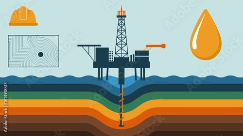 Offshore oil drilling platform with geological layers and oil drop, vector illustration for petroleum industry, energy, and fossil fuels.