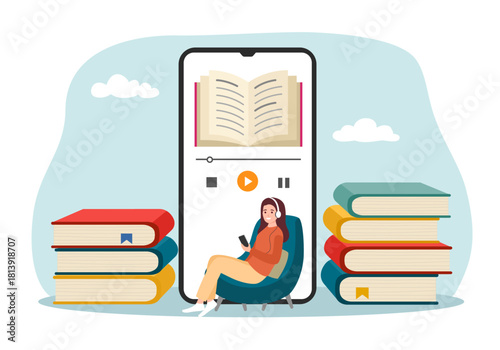 Cute girl sitting in headphones and holding a phone and listening to an audiobook.