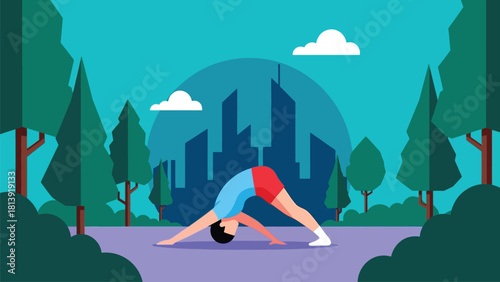 Flat Design Vector: Man Practicing Yoga Pose Outdoors Against City Silhouette