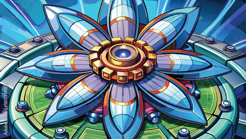 Robotic metal flower petals with gears and springs vector illustration ai generated art