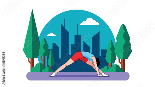 Woman Performing Deep Forward Fold Stretch (Pyramid Pose) in City Park Vector Illustration