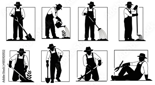Gardener Silhouette Vector Showing Sequential Actions — Digging, Watering, Pruning, Resting

