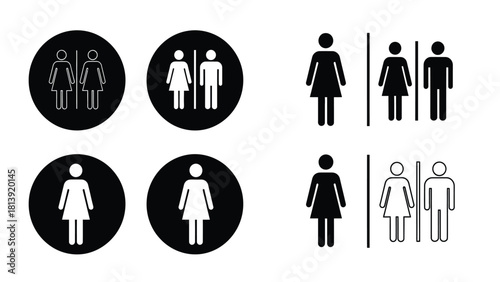 Restroom Toilet Icons Set. Vector Illustration of Male and Female Public Bathroom Symbols in Solid and Outline Styles