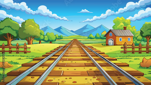 Railway track crossing in rural farmland vector illustration ai generated art