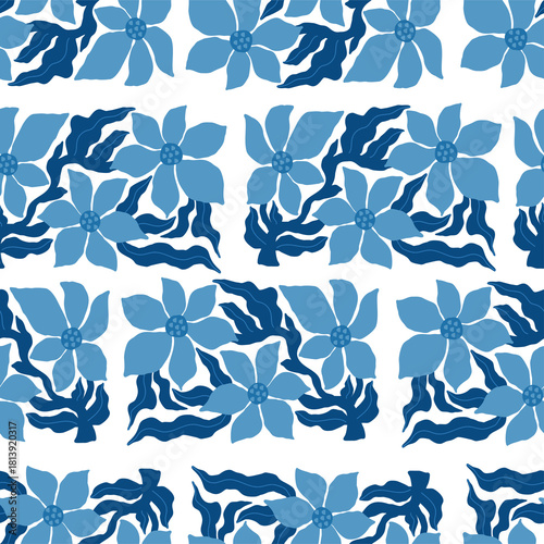 Groovy Abstract Flower Folk Art Seamless Pattern. Organic Floral Ornament tone-on-tone blue blossoms inspired by denim texture